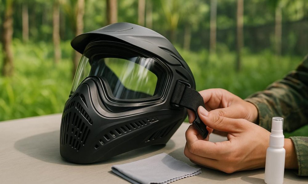Player checking the strap and clean lens of a paintball mask at a workbench before play